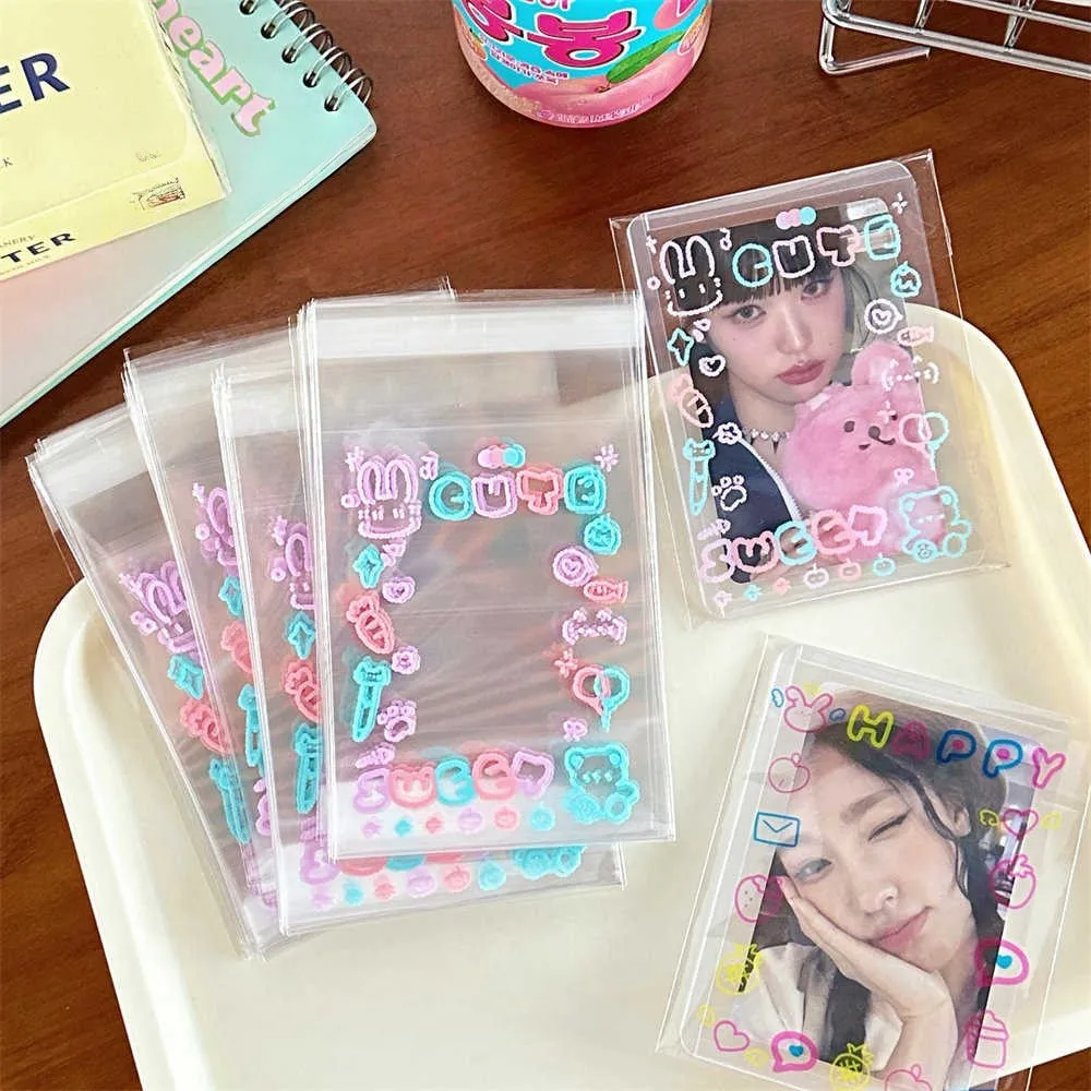 50pcs Sachets transparents auto-adhésifs Kawaii en OPP pour cartes photo Kpop, badges d'anime, biscuits, bonbons, bijoux, mini-pochettes cadeaux