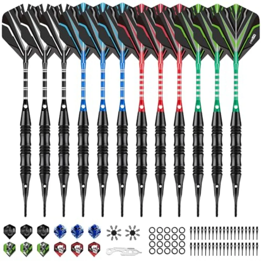 

Darts Plastic Tip - Professional Soft Tip Darts Set - 12 Pcs 20 Gram with 50 Extra Tips 12 Shafts 24 Flights 20 Rubber Rings 2