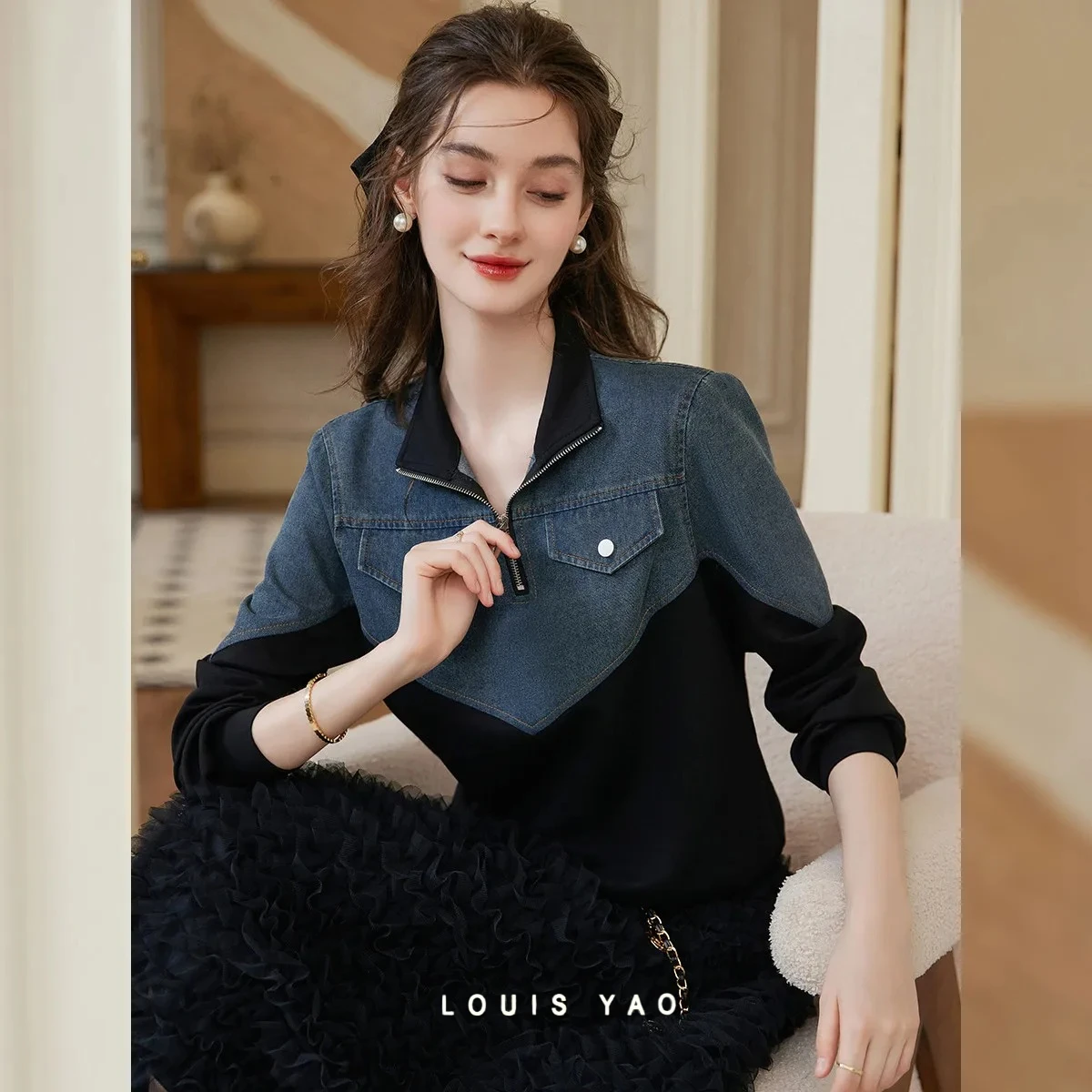 

LOUIS YAO Women's Sweatshirts 2026 Spring Sweet Cool Stand Collar Color Block Long Sleeve Pullover Denim Patchwork Sweatshirt