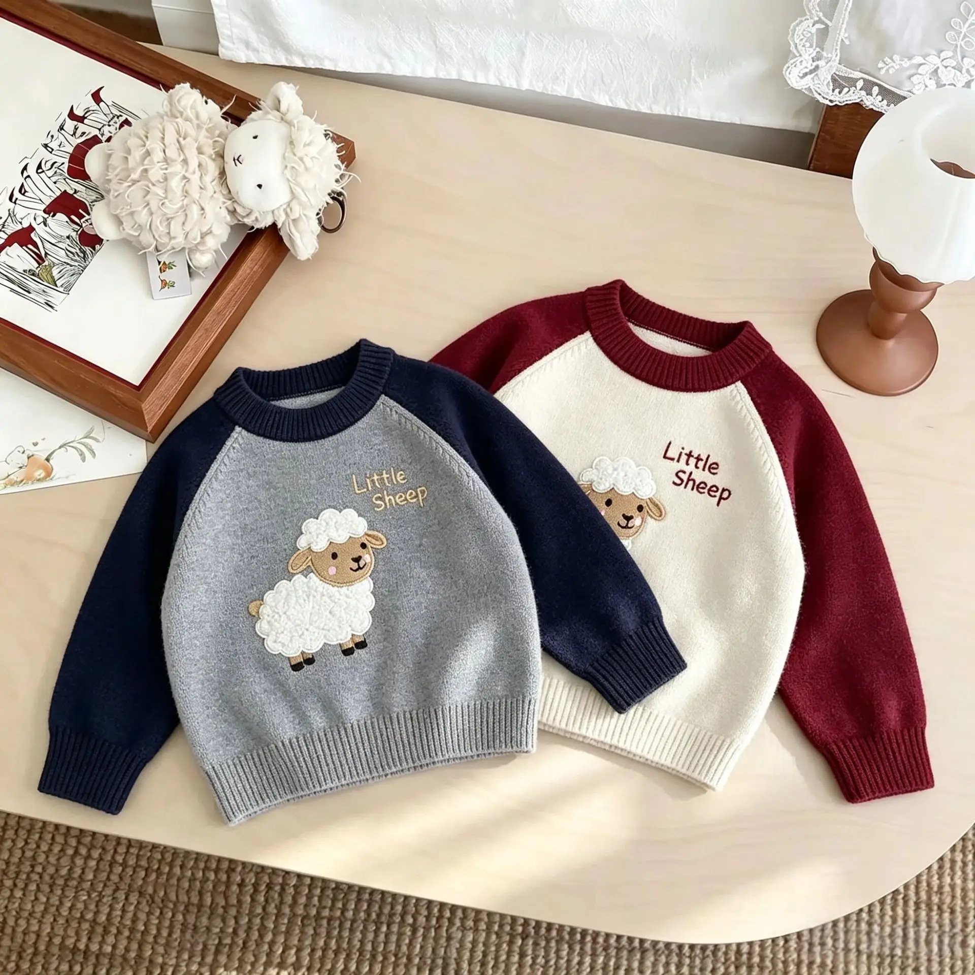 Furry Cartoon Sheep and Letters Embroidery for Kids Boy Casual Handome Raglan Contrast Sleeves Knit Pullover Student Top JY10122