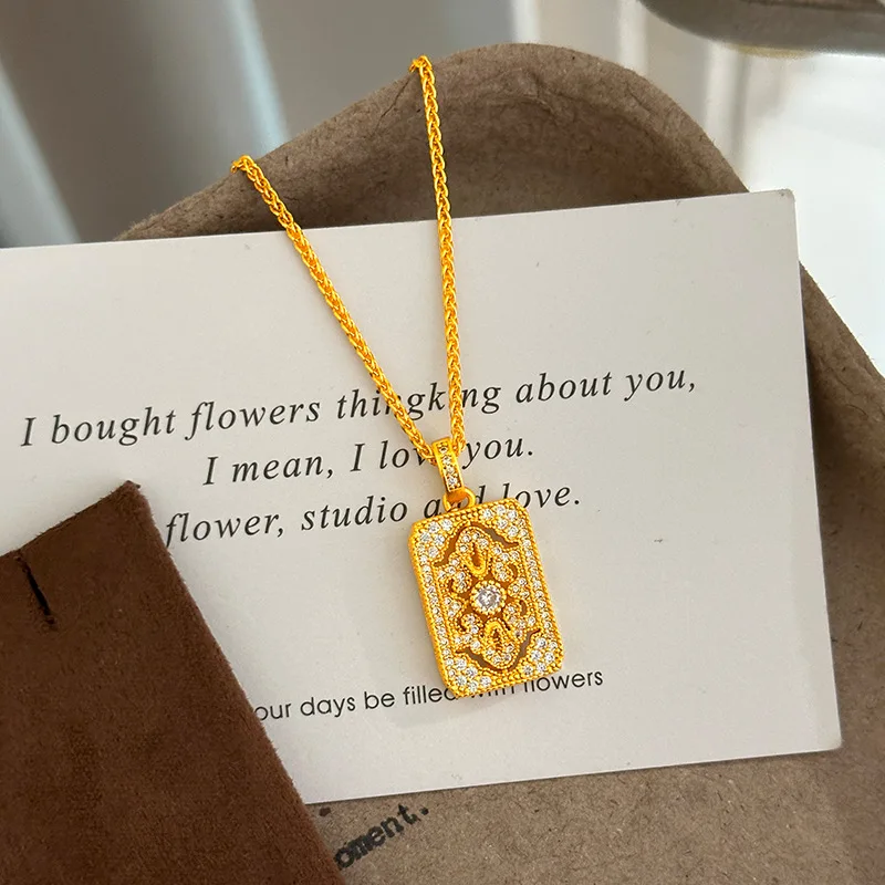 Luxury 9999 24K Real Gold Hollow Full Diamond Flower Peace Square Pendant Necklace Women's Light Luxury High-end Clavicle Chain