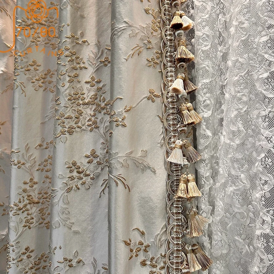 Blue Grey Embossed Gold Thread Jacquard Thickened Blackout Curtains for Living Room Bedroom French Window Villa Customization