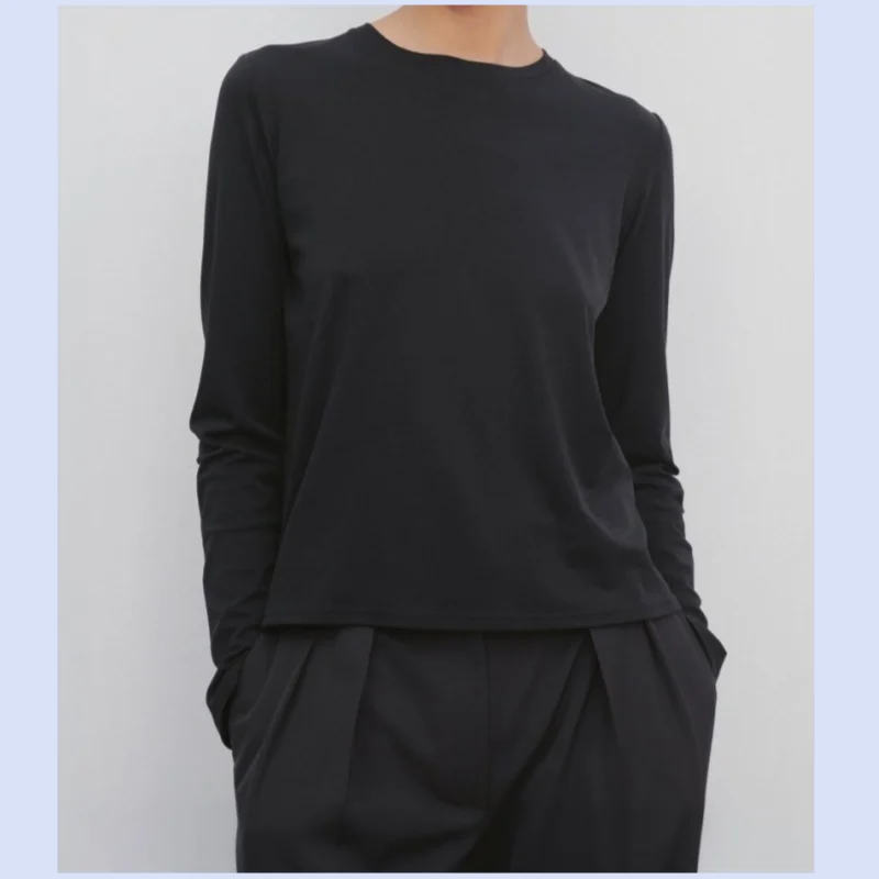 Cotton round neck long sleeved women's autumn and winter new style simple basic base shirt loose T-shirt top