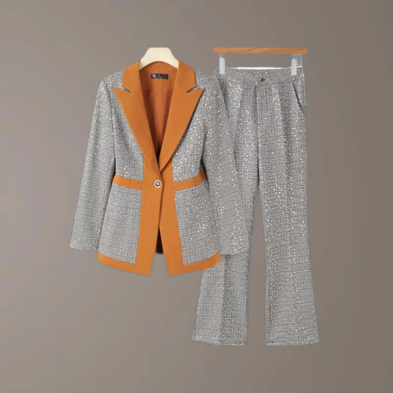 Spring Color Contrast Patchwork Jacket Blazer Wide Leg Pants Two-piece Elegant Women\'s Pants Suit Korean Style Office Outfits