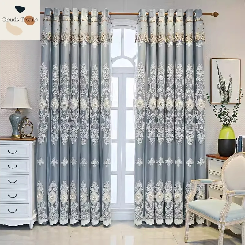 

Double-Layer Curtains for Living Room Bedroom Dining Custom European Style Curtain New Pink Cloth Yarn Relief Embroidery Window