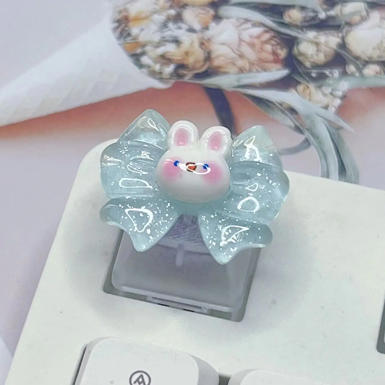 DIY personalizado Bow Key Cap, orelha de coelho, transparente, R4 Eixo transversal, rosa jogo, Keycap teclado mecânico