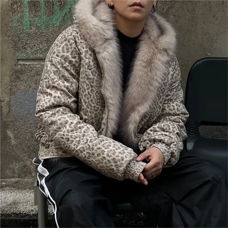 Y2K Leopard Print Puffer Jacket For Men, Fuzzy Hooded Streetwear Warm Coat, Zip Up Women's Winter Parkas