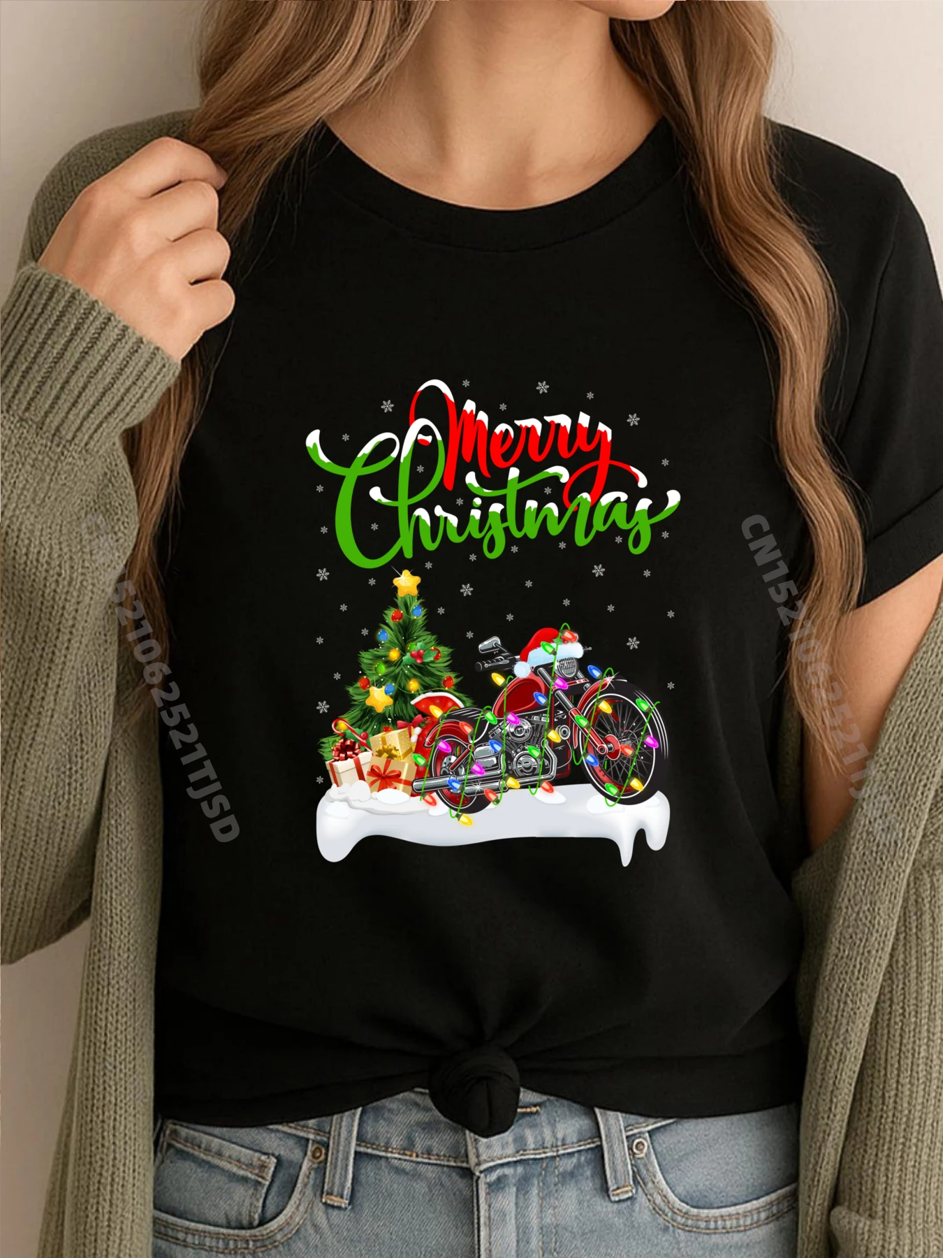 

Любитель мотоциклов, рождественское освещение, Санта-Мотоцикл, Рождественская милая футболка большого размера, осенняя футболка большого размера, женская футболка в стиле панк