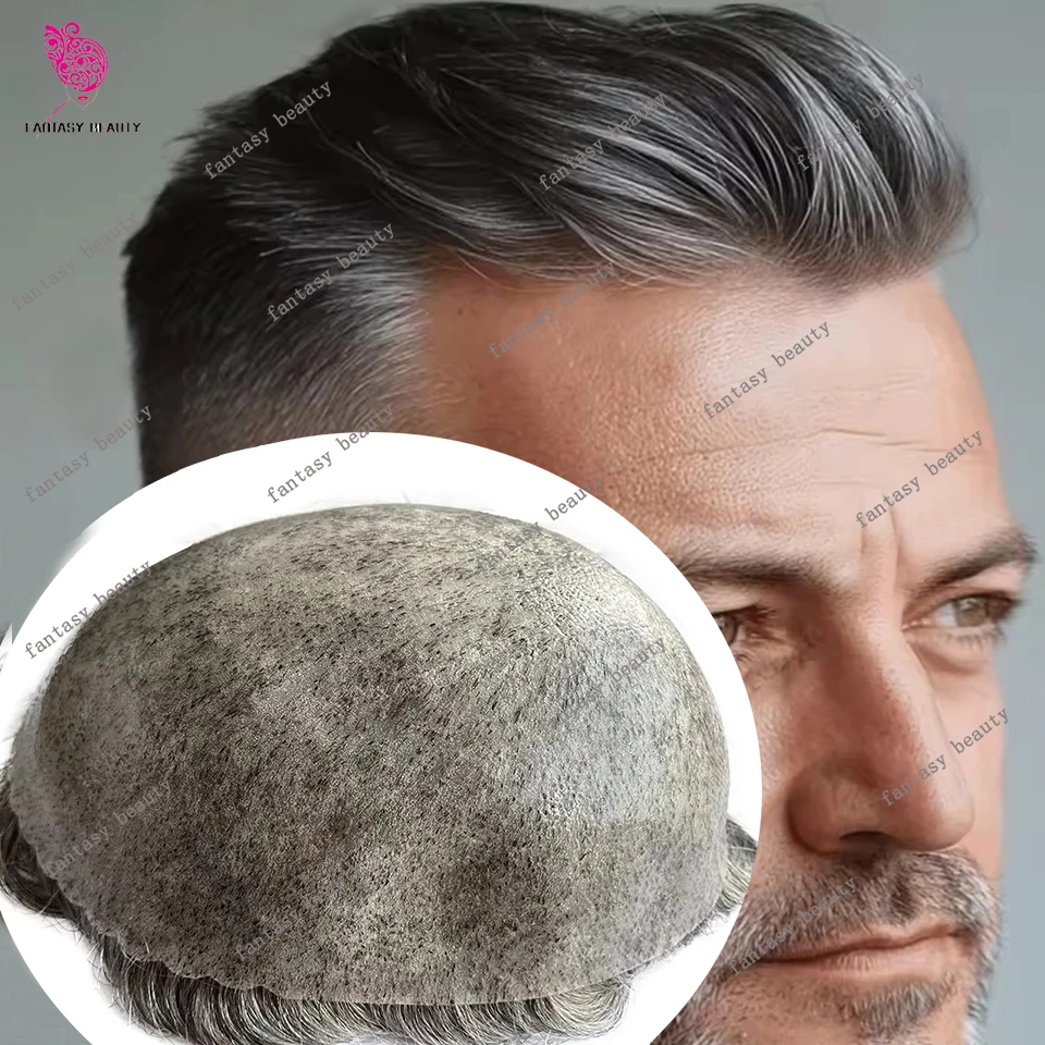 غير قابل للاكتشاف أسود نفاث سوبر دائم شعر بشري بني شعر مستعار للرجال رمادي 1b10 1b50 رخيصة رجل شعر مستعار سيليكون ذكر اصطناعي كابيلر #6