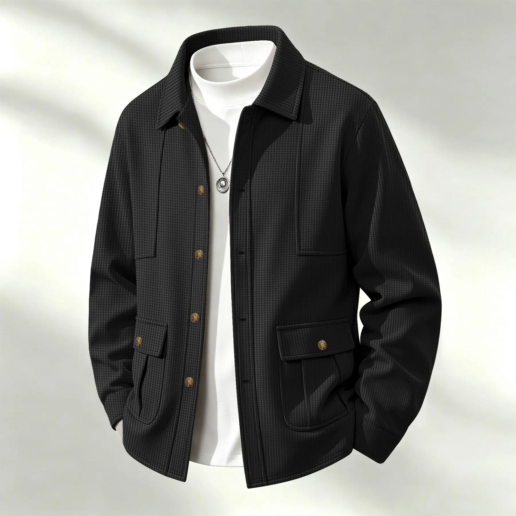 Euromaiden Spring Men's Waffle Collar Utility Jacket Retro Metal Buckle Multi-Pocket Loose Shirt Style Coat 1 Piece