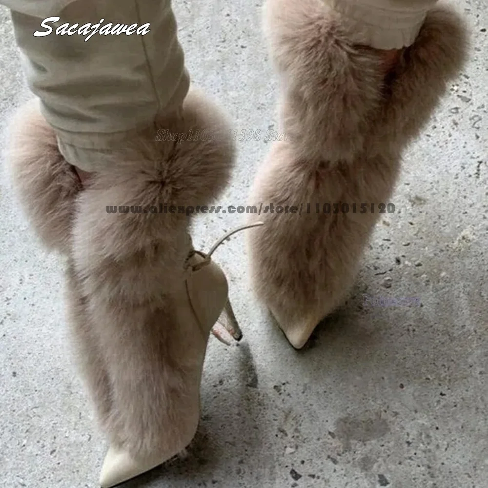 Solid Fur Back Drawstring Plush High Heel Boots Size 35-42 Pointed Toe Sexy Lady Modren Boots Slip On Grace Party Boots