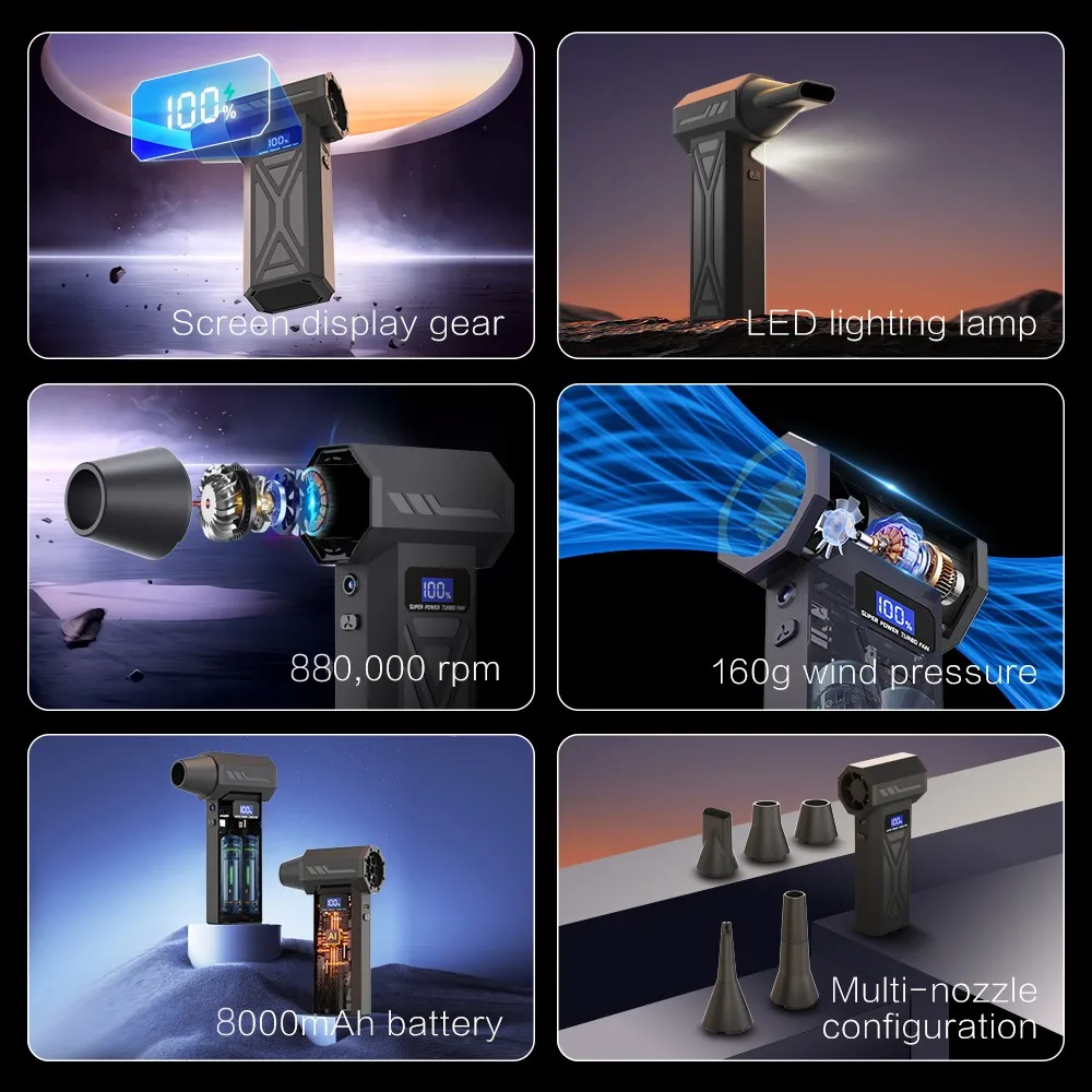 

Portable Air Blower 8800000RPM 4-Gear Adjustment Turbo Jet Blower LED Lighting Battery Display Cordless Compressed Air Duster