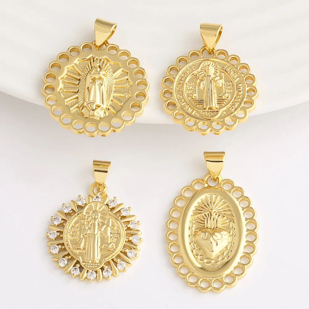 OCESRIO White Crystal Virgin Mary Pendant for Necklace Copper Gold Plated San Benito Holly Death Jewelry Making Supplies pdtb524