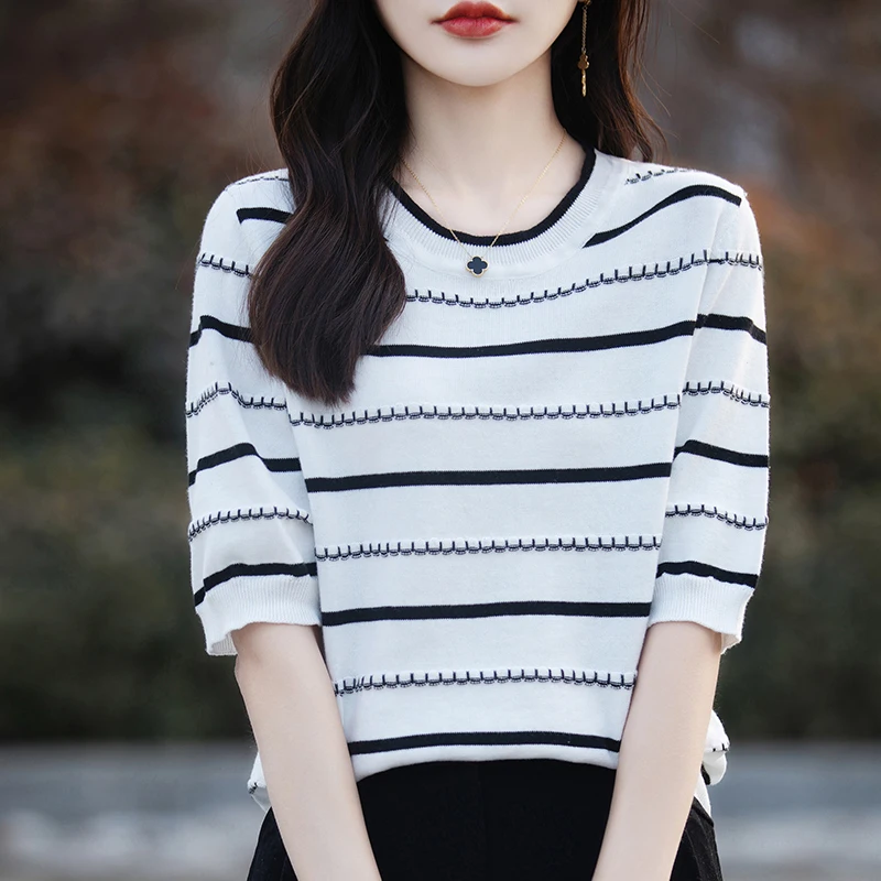 Damen-Rundhalspullover für Frühling und Herbst, 100 % Andy-Samt-Strickpullover, lässiges und elegantes Top, Sommer-Kurzarmshirt, SMY