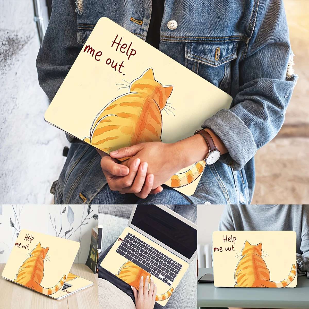 

2-piece set of lazy cat yellow waterproof vinyl stickers, cartoon design suitable for laptops - scratch resistant, DIY