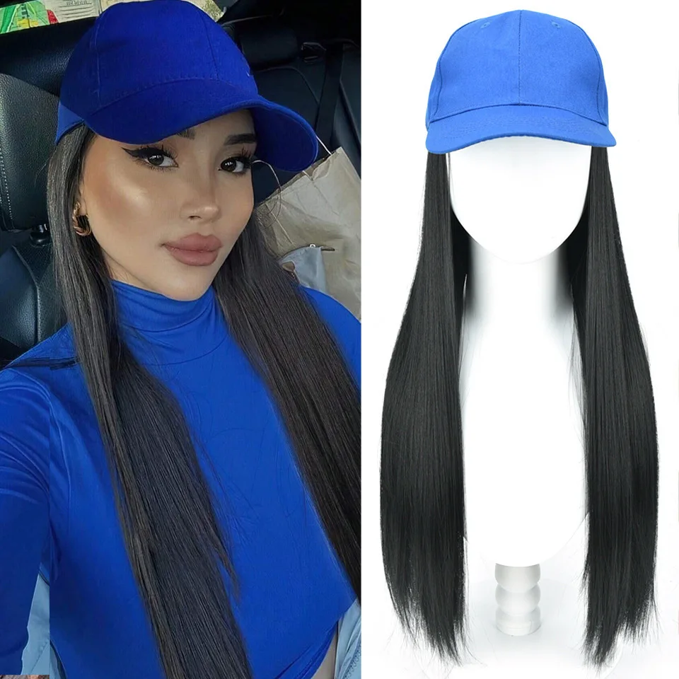 55cm Synthetic Fiber Long Straight Hair BLUE Baseball Cap Wig Golden Daily Wear  European American Ladies Style