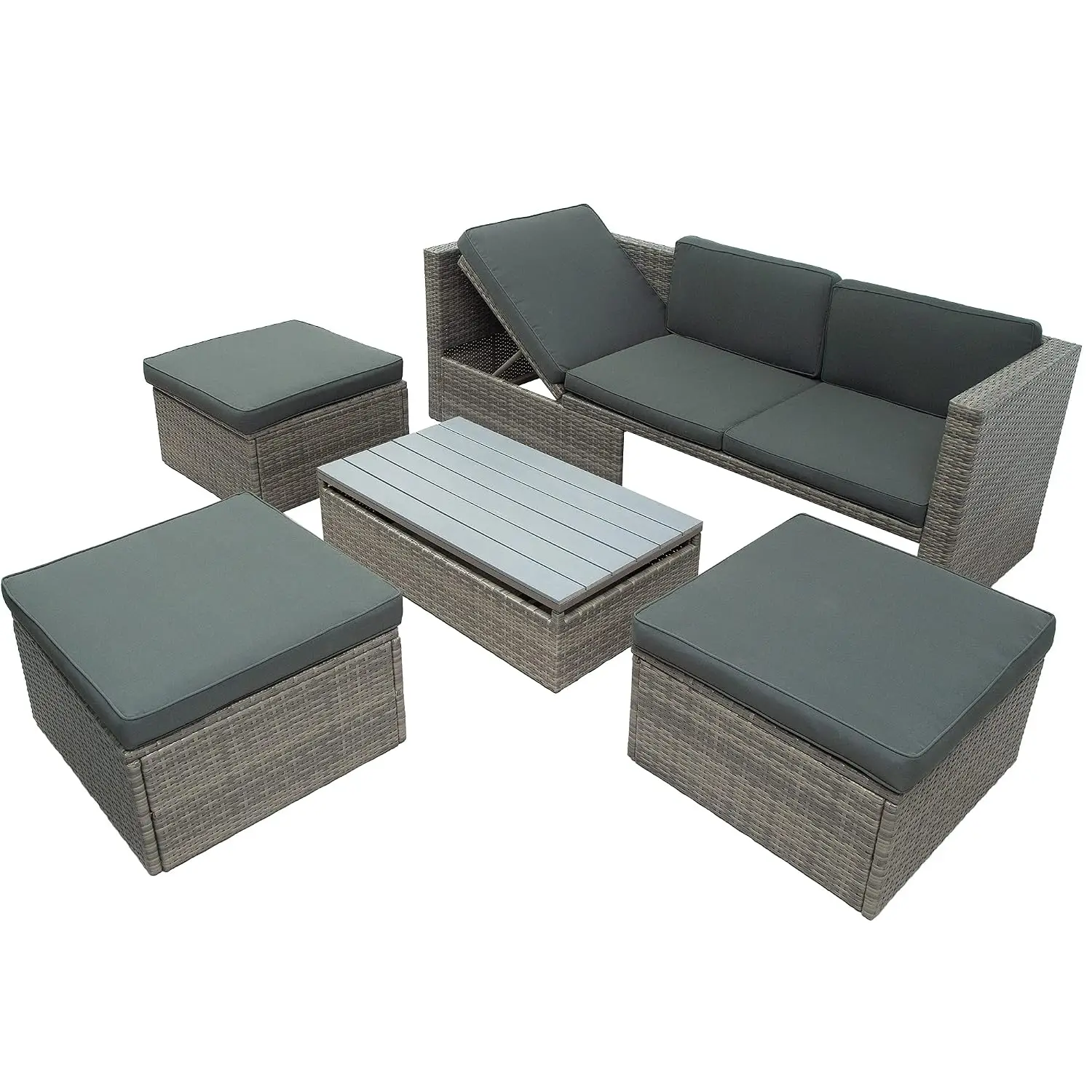 5 Piece PE Wicker Patio Sofa Set with Adjustable Backrest, Cushions, Ottomans & Lift Top Coffee Table, Customized