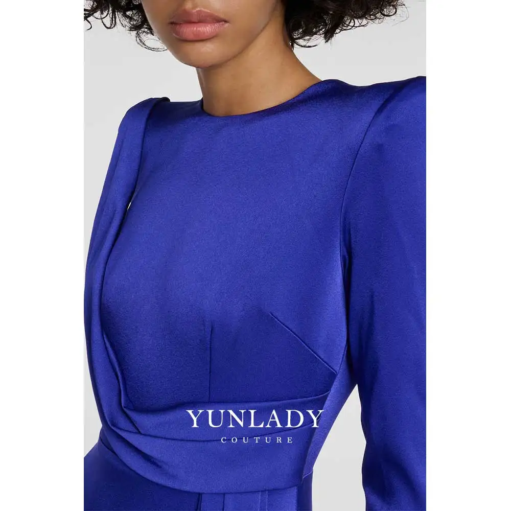 YUNLAN Luxury Dubai Royal Blue Formal Satin Evening Dress 2024 New Women Elegant Party Long Sleeve Slit Ribbon Long Dress