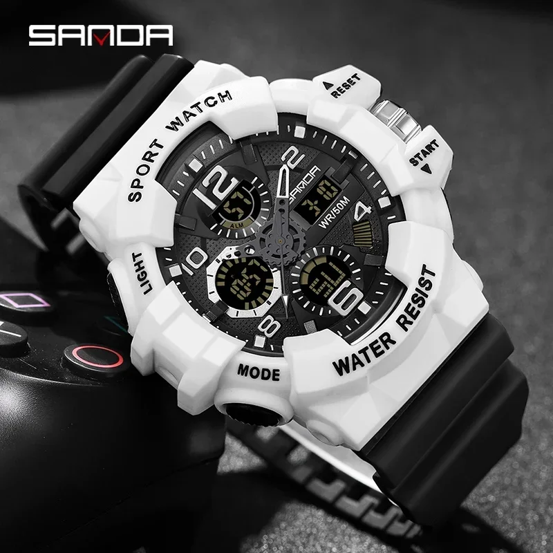 SANDA 3168 White Sport Watch  LED Digital 50M Waterproof Watch Men Multifunction Clock Relogio Masculino Men Military Watches