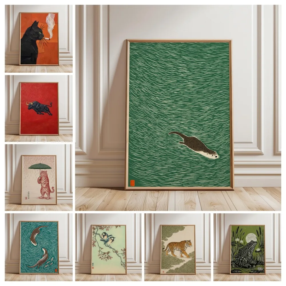 Frameless Otter Wall Art,blue-green Marine Wildlife Poster,Japanese Printmaking Style Wildlife Poster Printing,living Room Decor