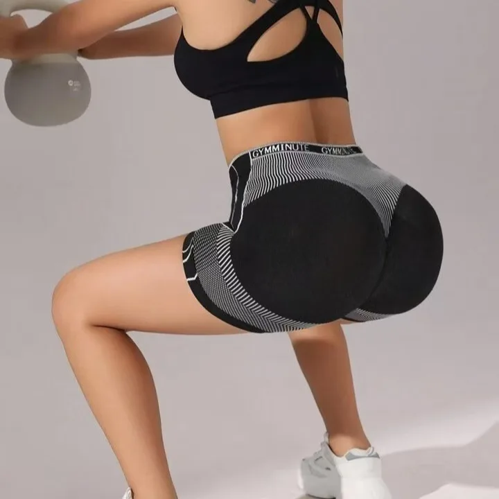 شورت يوجا عالي الخصر للنساء بطباعة ثلاثية الأبعاد مخطط للياقة البدنية مكون من ثلاث أجزاء للرياضات الخارجية وركوب الدراجات والجري