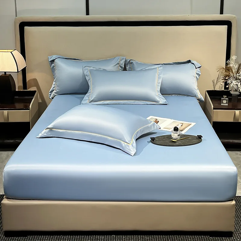 New Fuax Silk Satin Fitted Sheet Set High-End Solid Skin-Friendly Sheet Kit for Queen King Silky Cooling Bedclothes for Summer