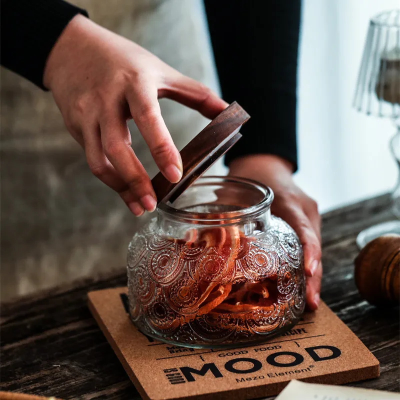 Glass Coffee Bean Storage Jar, Transparent Sugar Pot, Kitchen Keeping Wood Lid