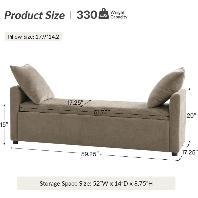 HULALA HOME Storage Bench with Throw Pillows, Modern Long Bedroom Bench for End of Bed, Comfy Upholstered Footstool for