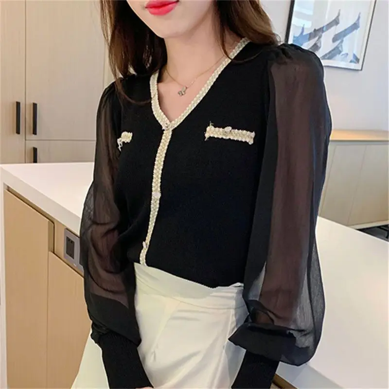 2024 New Fashion Design Light Luxury Knitwear Women's Spring/Summer Spliced Chiffon Bubble Sleeve Top Trendy