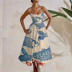 Retro Luxury Dresses Casual Loose Spaghetti Strap Sardines Printed Long Skirts Fashion Streetwear Style High Waist Dresses