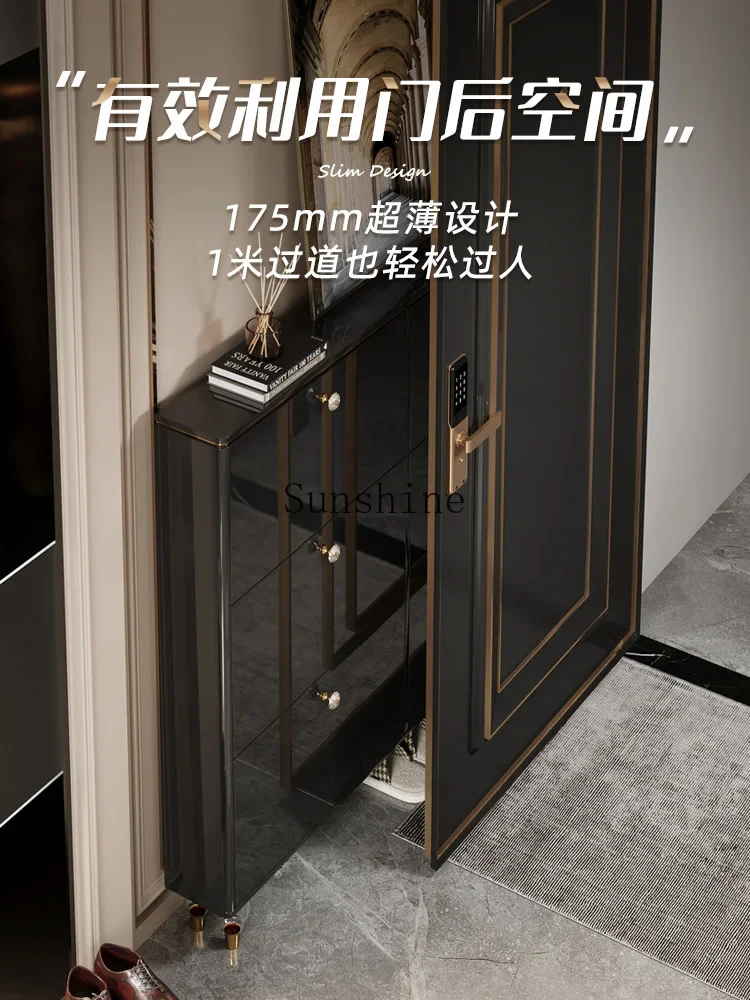 Modern Italian ultra-thin tipping bucket shoe cabinet, small apartment black shoe cabinet behind the door of the home