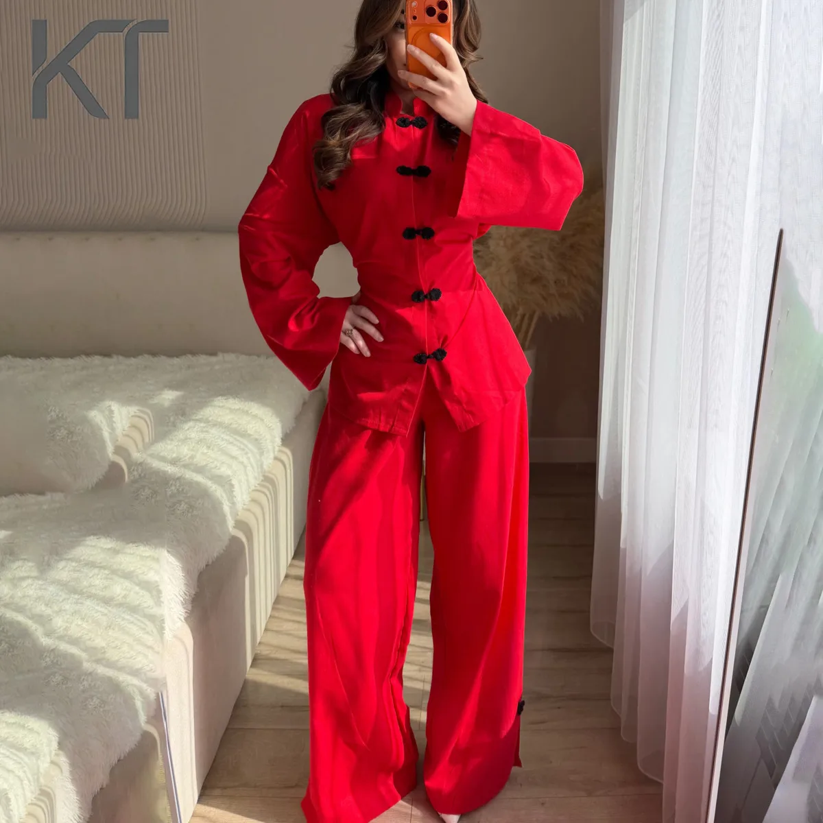 

KT Beige Linen Pants Suit Women Chinese Style Frog Button Top & High Waist Wide Leg Pants 2026 New Arrival