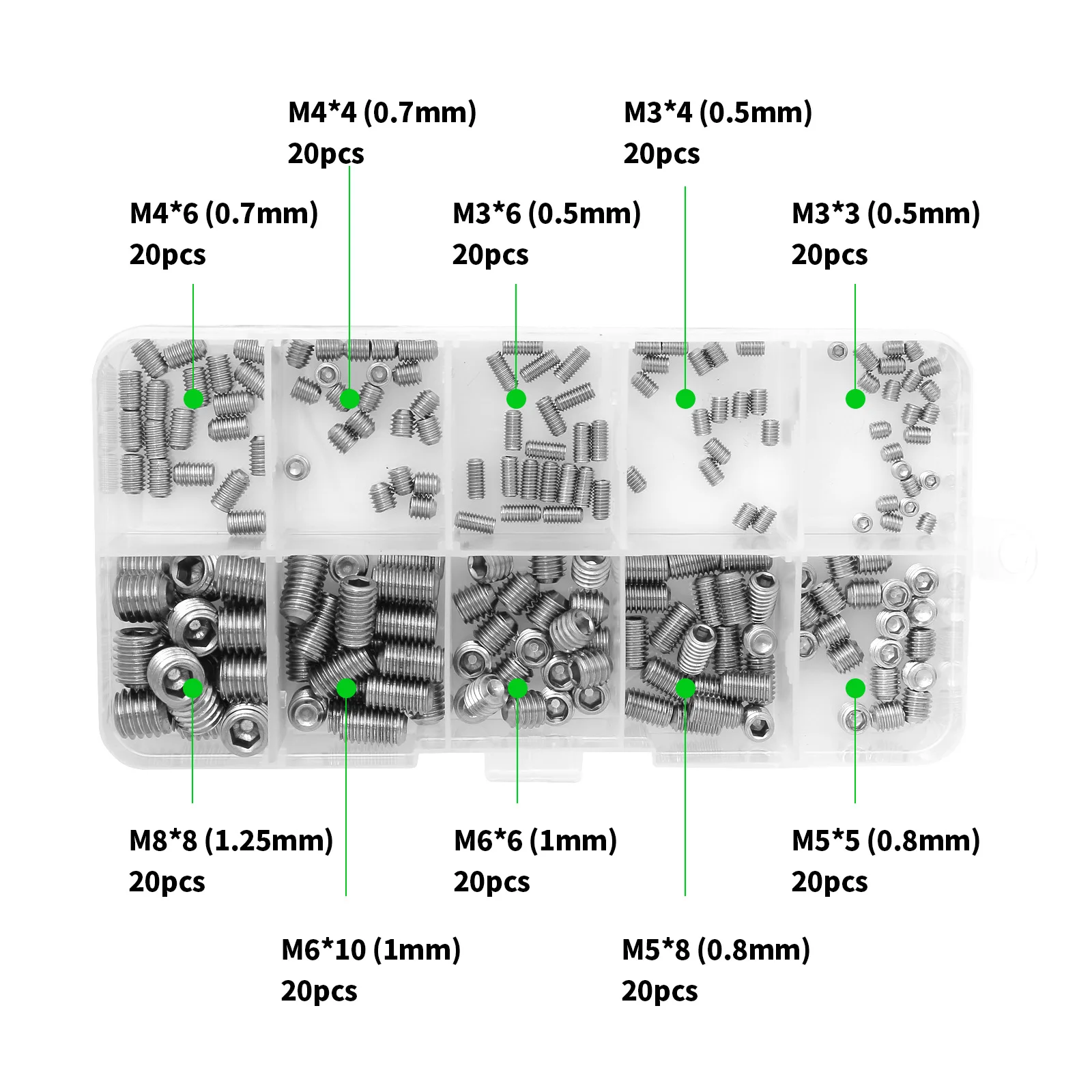 200pcs Stainles Steel Allen Head Socket Hex Set Grub Screw Assortment Cup Poin