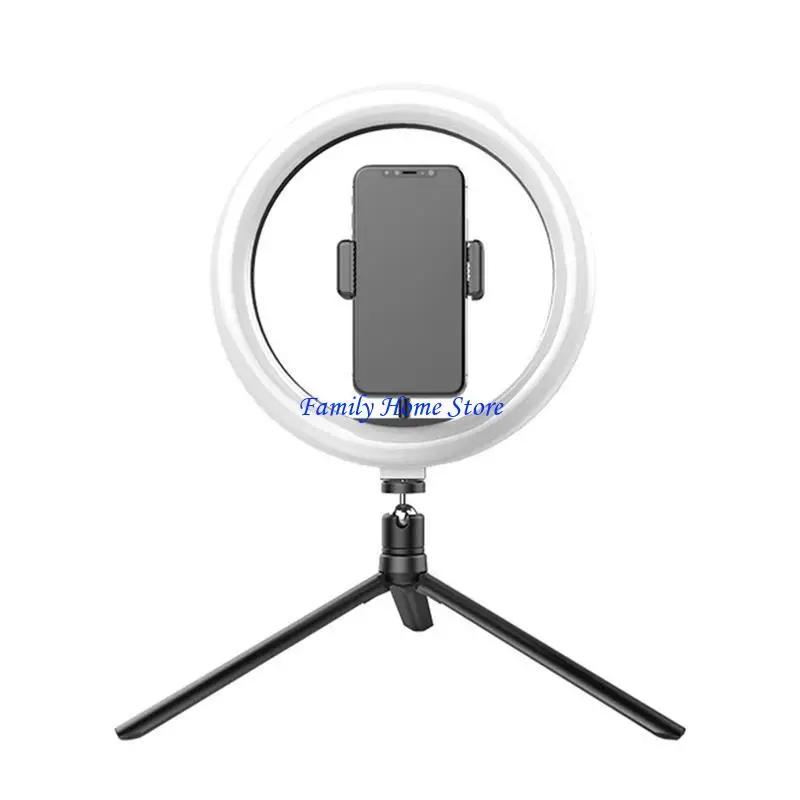 

P0UF 10in LED Ring Lamp with Tripod Stand and Cellphone Holder Live Broadcast Selfie Fill Light Vlog Light
