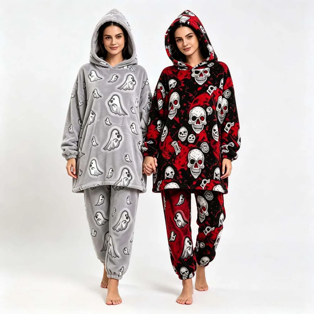 Halloween Couple Matching Pajama Set Women 2Pcs Hooded Long Sleeve Top&Pants Ghost Skull Print Soft Home Sleepwear Loungewear