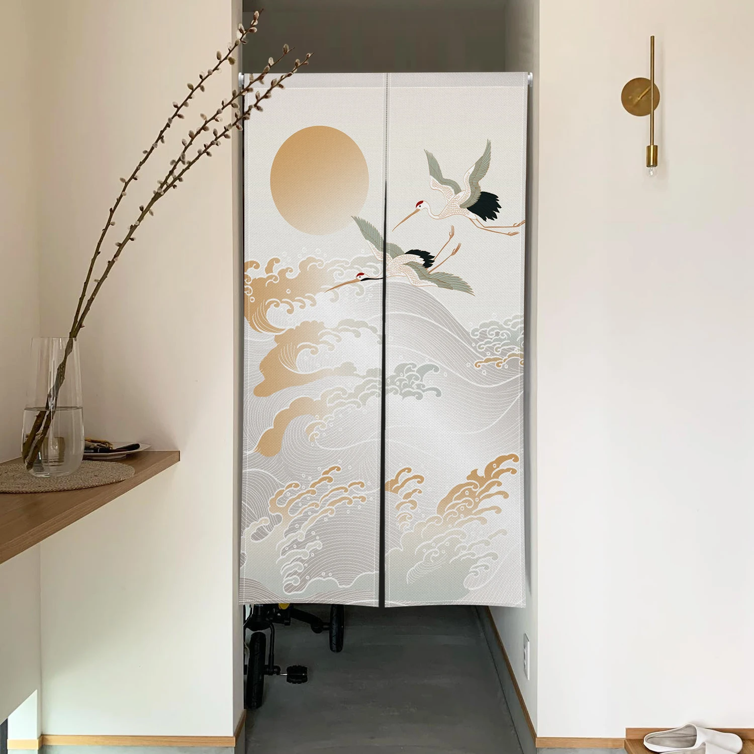 Japanese Style Door Curtains Pattern Crane and Floral Waves Home Decor Suitable for Kitchens Dining Room Hanging Half-Curtain