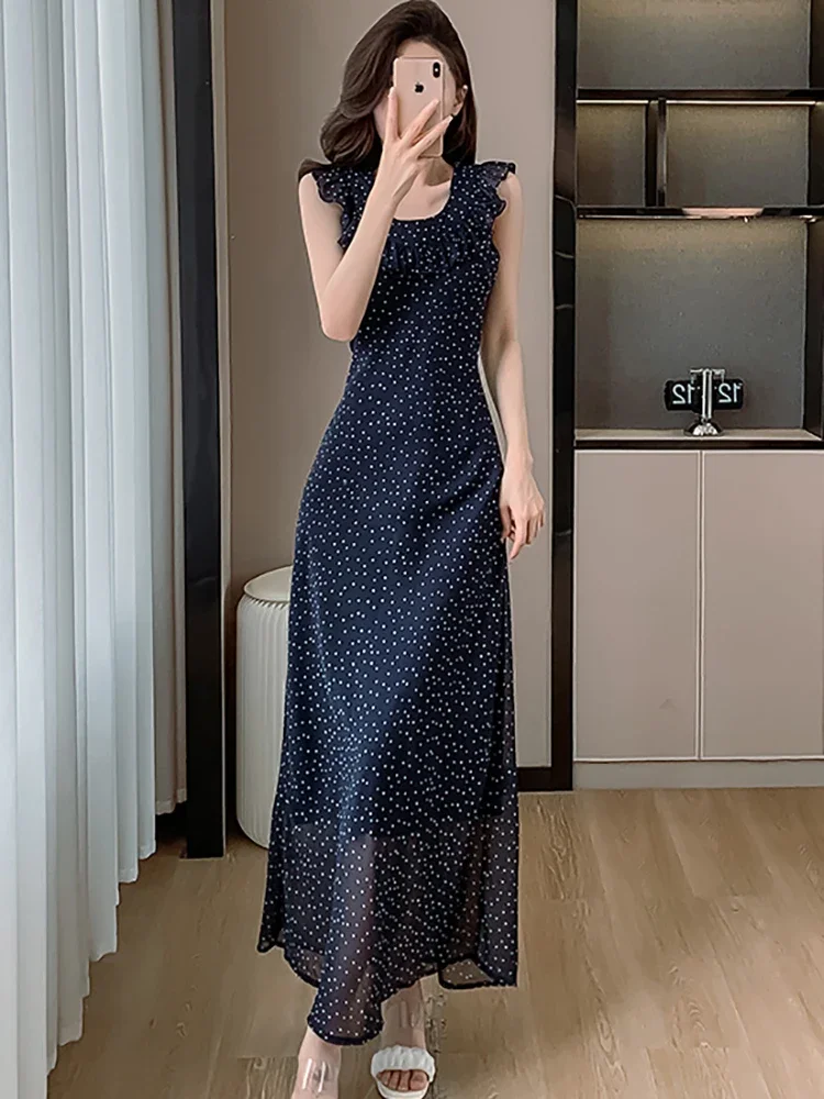 2024 New Blue Polka Dot Chic Ruffled International Dress Summer Sleeveless Chic Ruffled Casual Dress Women Korean Vintage Dress