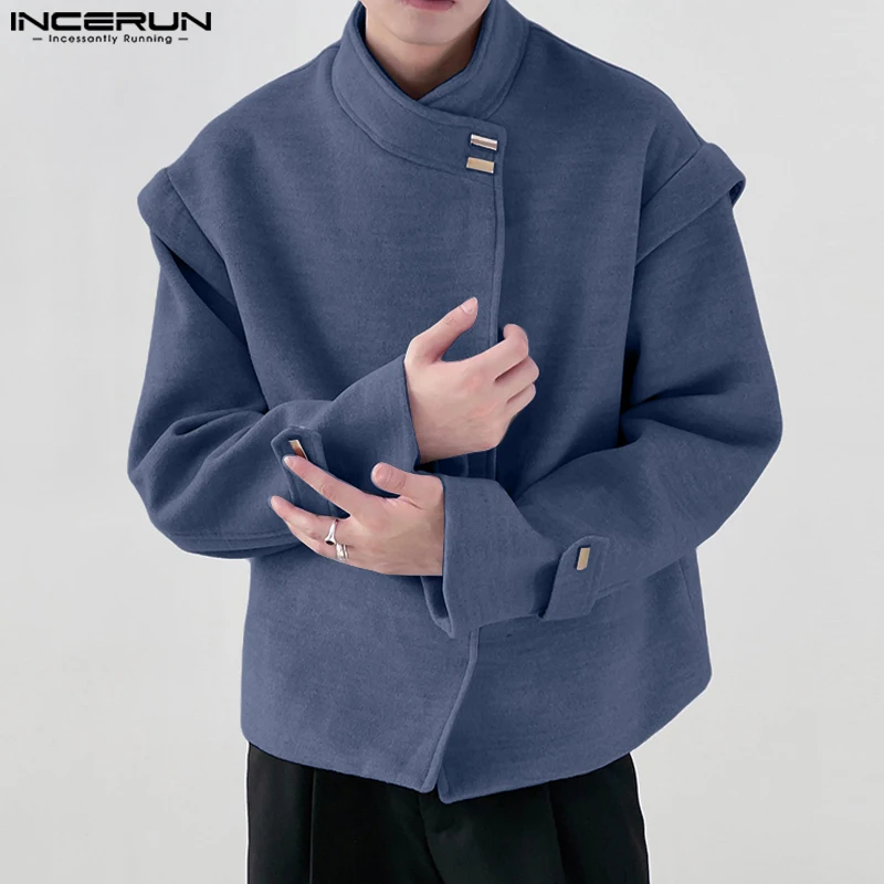 INCERUN Men Commuting Loose Jackets 2024 Casual Solid Color Simple ELegant Tops Stand Collar Fashion Long Sleeved Leisure Coats