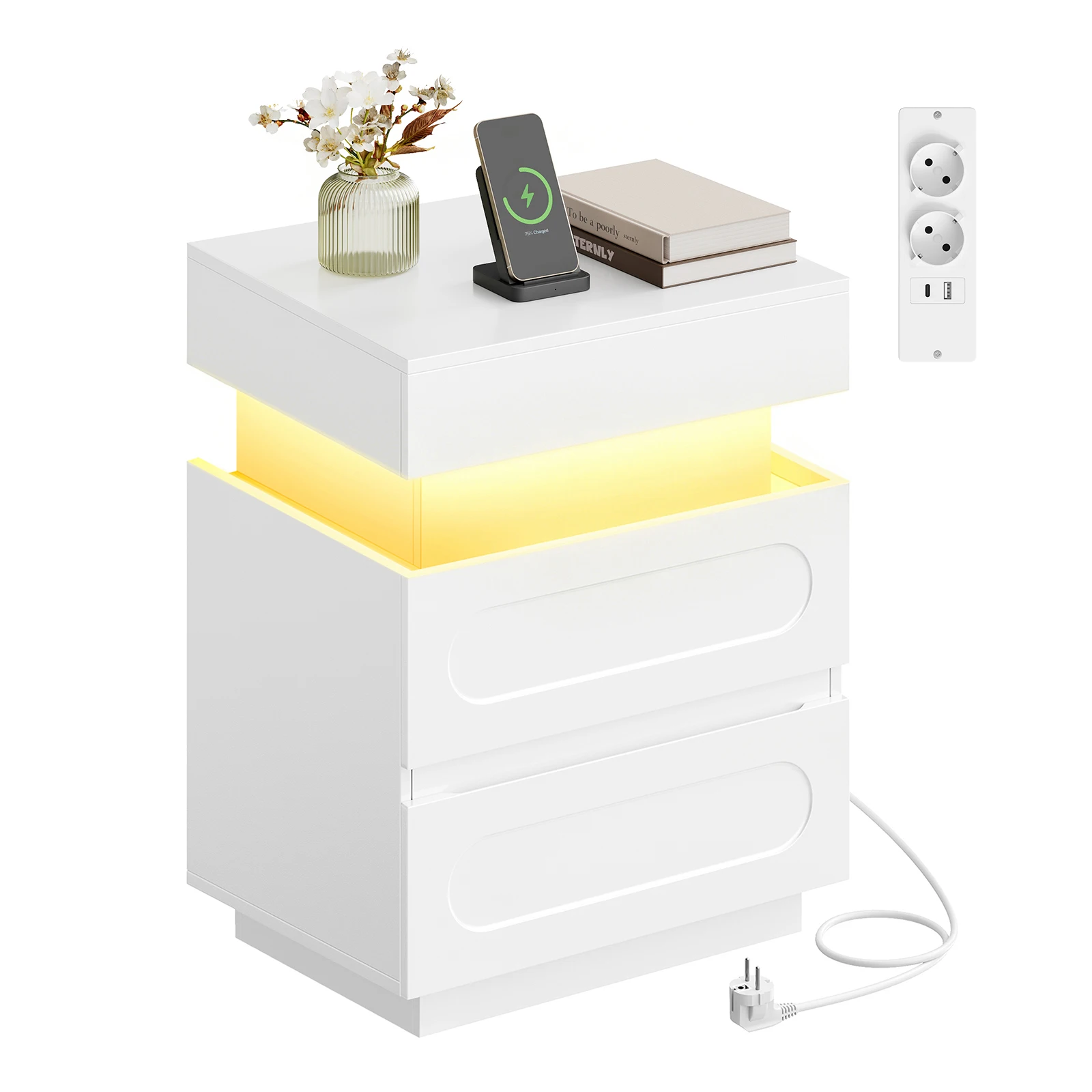 WOLTU 1/2 Stück Nachttisch mit LED-Beleuchtung und Ladefunktion, abschließbarem verstecktem Stauraum und 2 Schubladen, unterstützt Bluetooth/Fernbedienung für das Schlafzimmer.