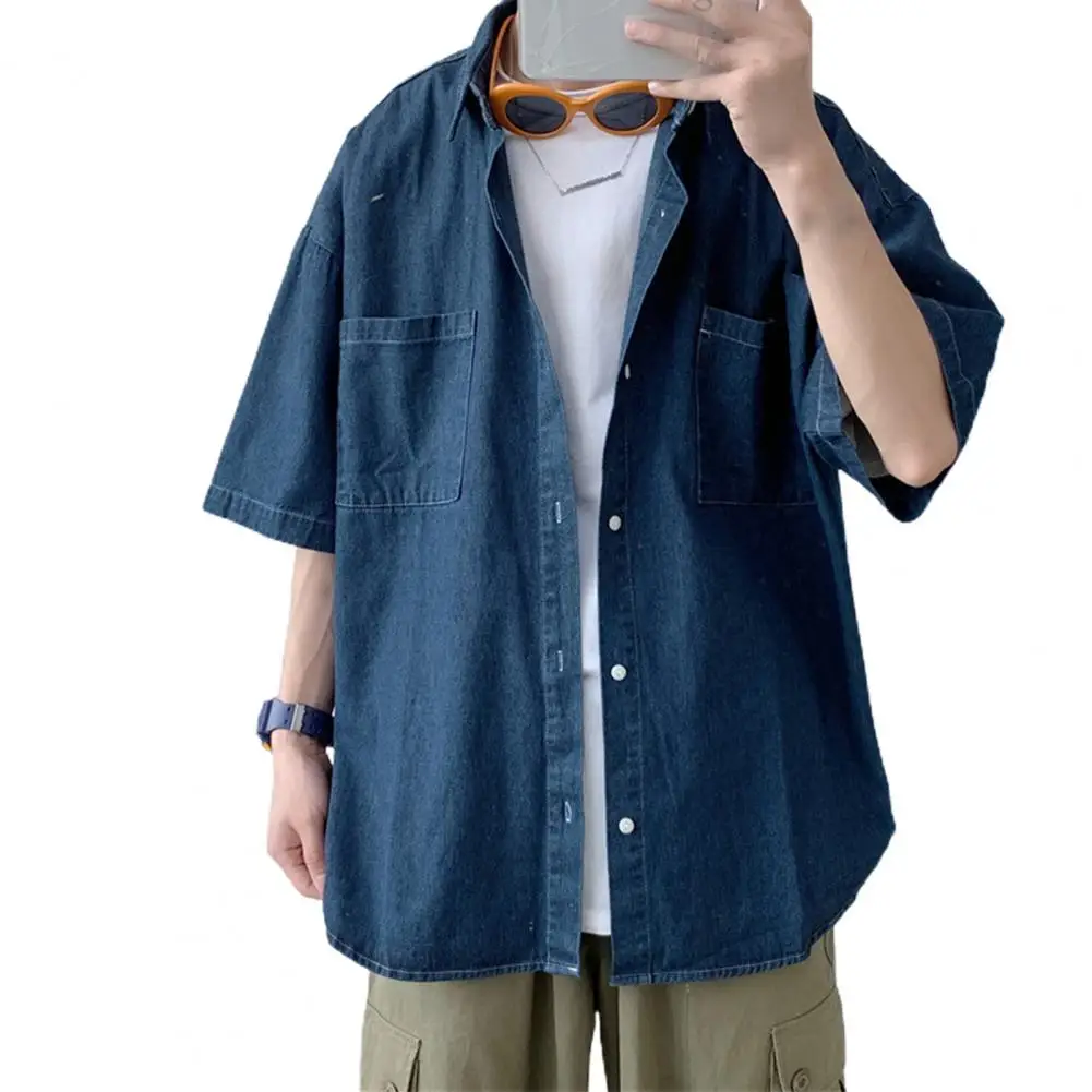 Blue Denim Short Sleeve Shirts Men Summer Thin Korean Fashion Top Vintage Oversize Baggy Cardigan Blouses Casual Man Clothes