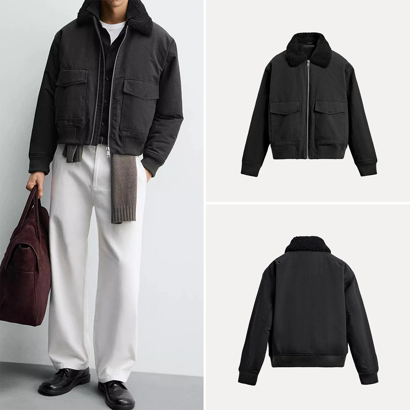 

Faionable Patchwork Pilot Jaet Coat for Men Stand Collar Zipper Closure Long Sve Stand Fit Youth Winter Outerwear