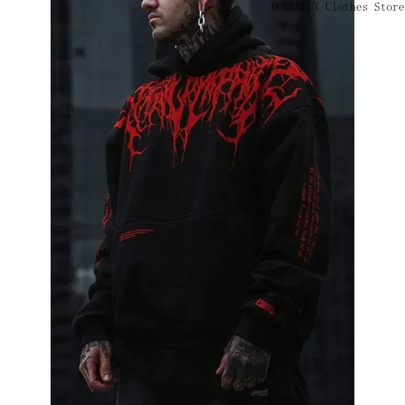 Men\'s Evil Blood Large Pattern Hoodie Unique Personality Casual Hoodie Autumn / Winter Thickened Warm Black Hoodie for Men Full