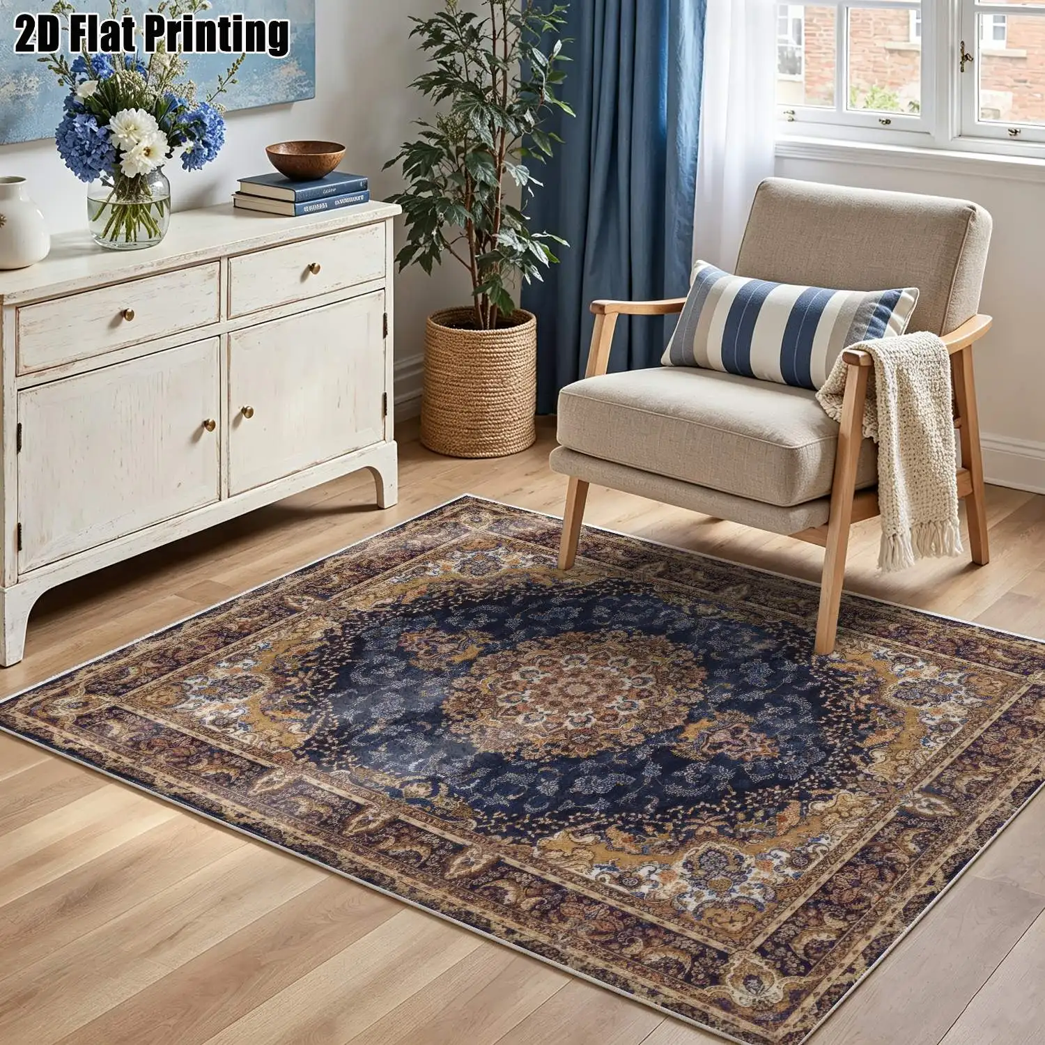 1Pc 2D Printed Dark Blue Persian Velvet Carpet: European Vintage, Bohemian, Floral & Geometric, Machine Washable, Multi-Size, for Home Decor & Multi-Scene Use