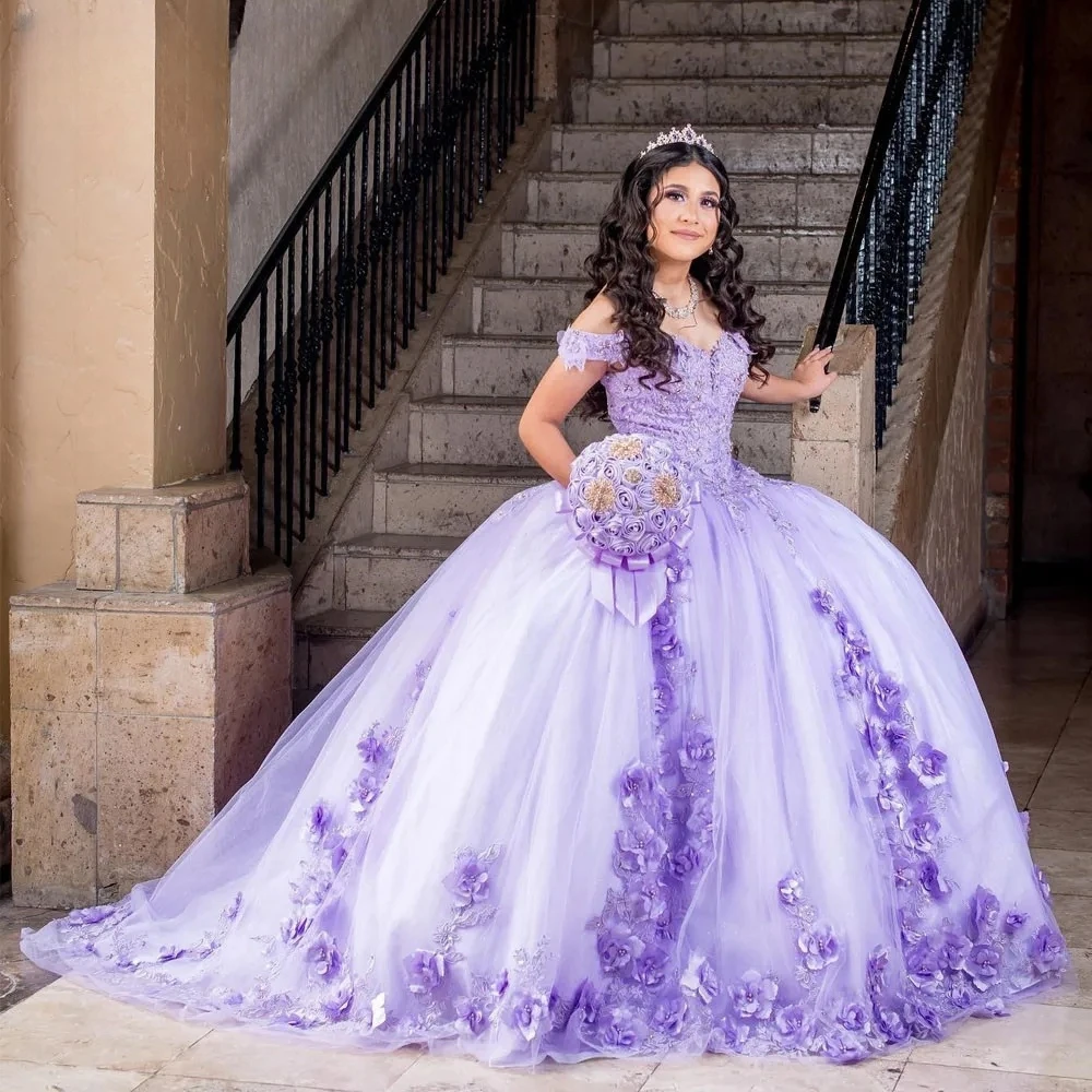 فساتين أميرة Quinceanera الليلك ، ثوب حفلة ، مكشوف الكتف ، زهور حلوة 16 فساتين ، 15 سنة مكسيكية