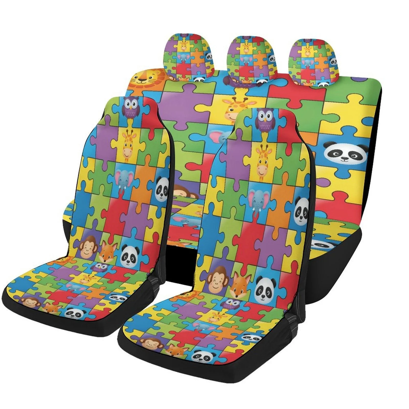 Animal Puzzle Pieces Designed Car Seat Covers Set For Most Cars, Trendy Breathable Decorative Car Seat Protector Covers Full Set