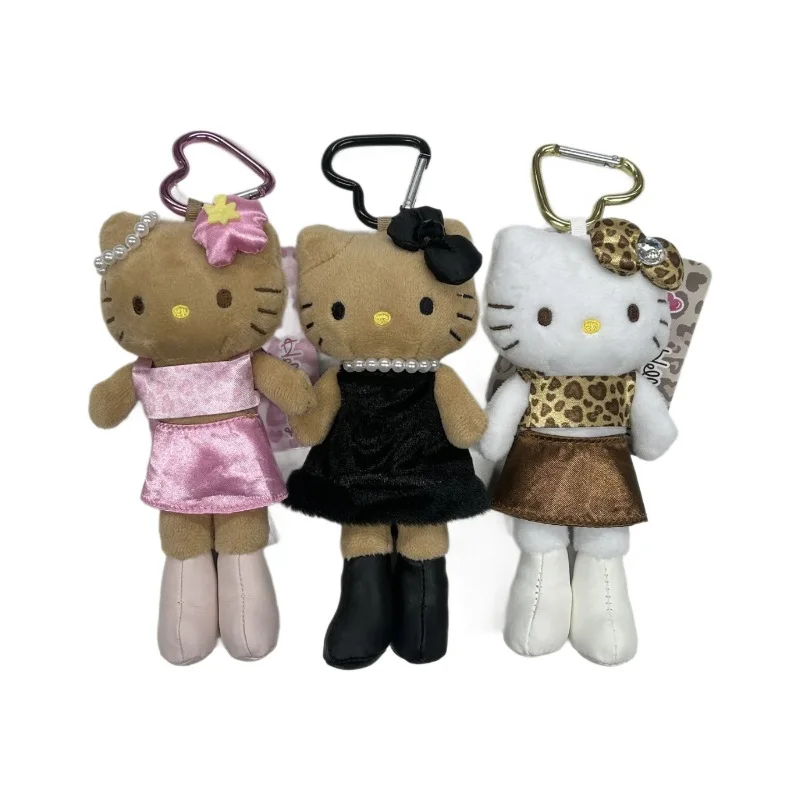 Sanrio hello kitty leopardo impressão pernas longas boneca de pelúcia chaveiro kawaii pele preta kt gato fofo brinquedo de pelúcia pingente presente de aniversário