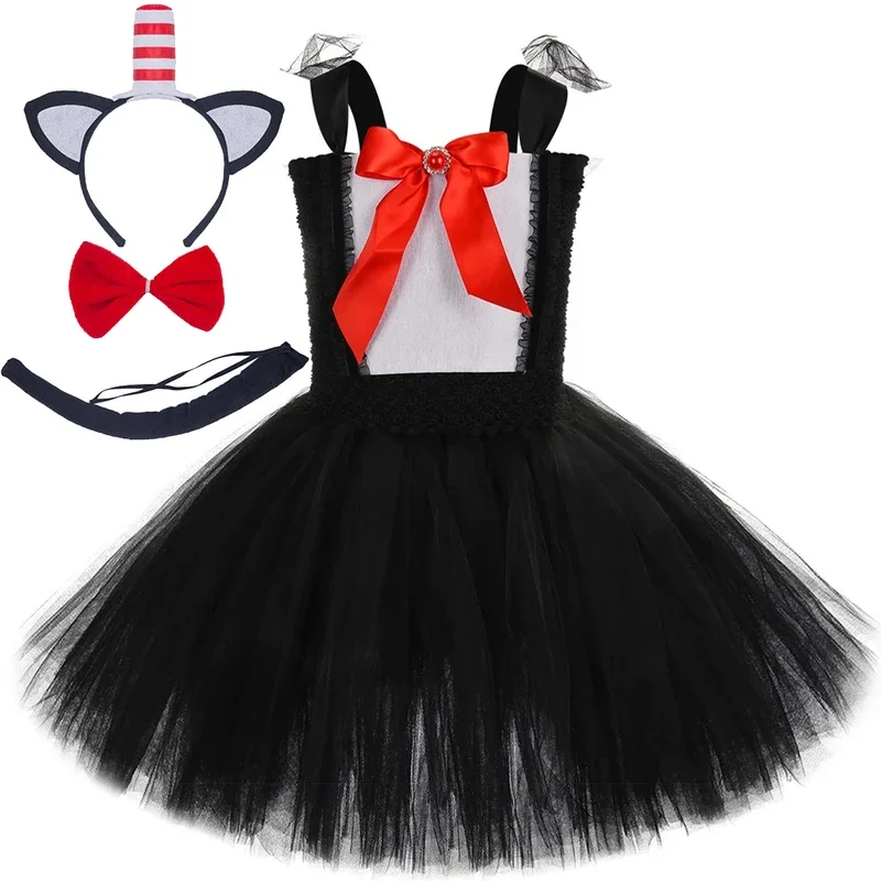 Funny Cat in Hat Costumes for Girls Christmas Halloween Outfits for Kids Birthday Princess Dresses Clothes with Hairbow Tie @0Z*