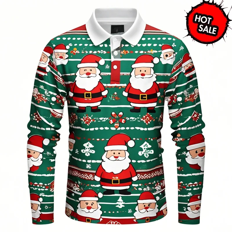 חדש חג מולד פסטיבל חג המולד 3D גרפי שרוול ארוך גרפי חולצת פולו עבור mens בגדים מזדמנים אופנה סנטה קלאוס
