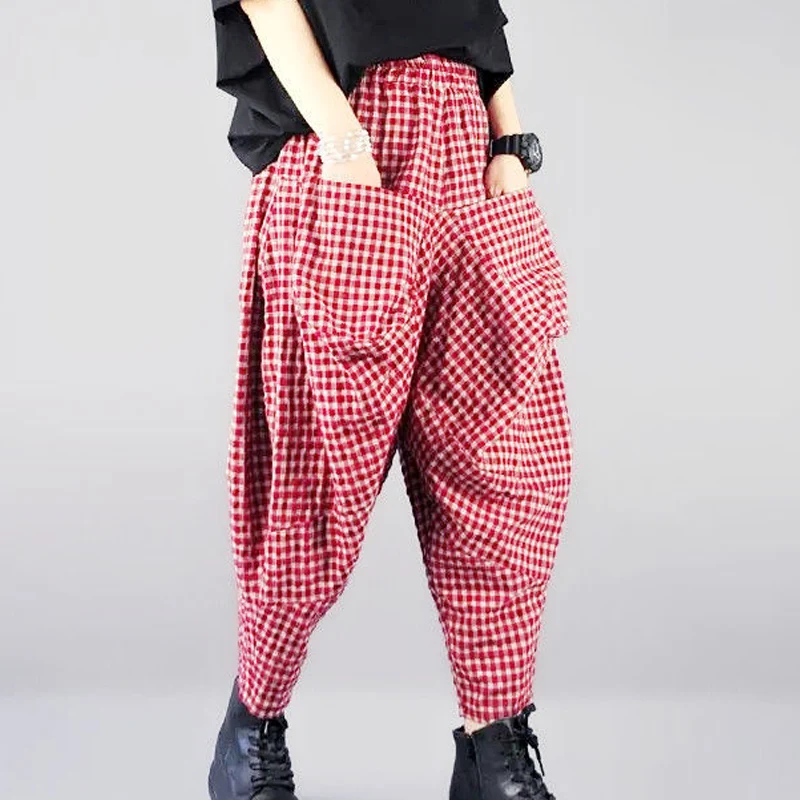 Summer New Elastic Waist Fashion Plaid Printing Haren Pants Women High Street Casual Loose Pockets Patchwork Cotton Hemp Pants