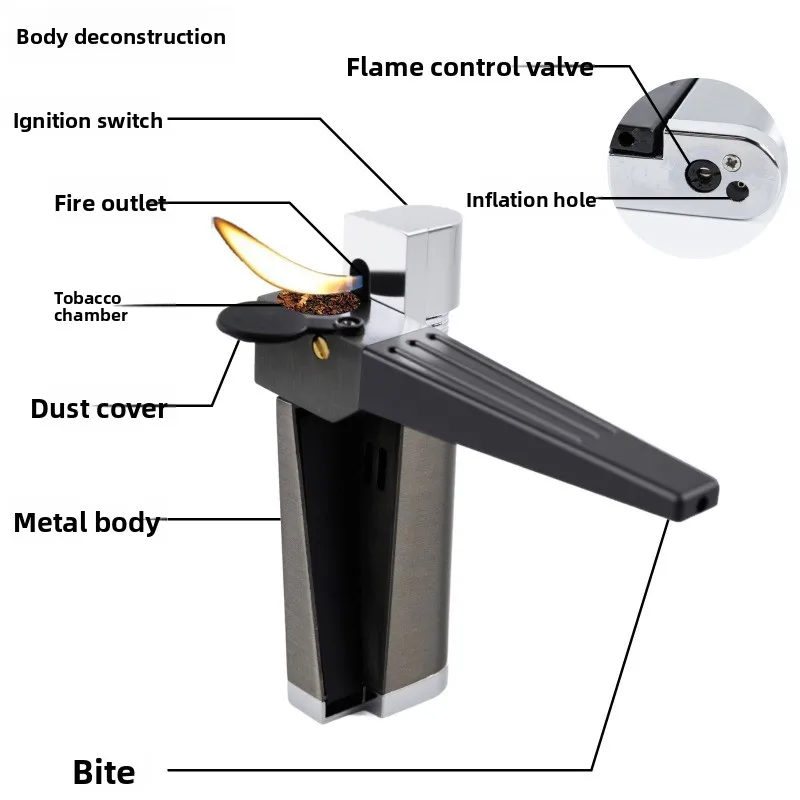 Portable Pipe Lighter Built-in Pipe Stand Refillable Butane Window Lighter with Angled Soft Flame Gas Lighter（No Gas）
